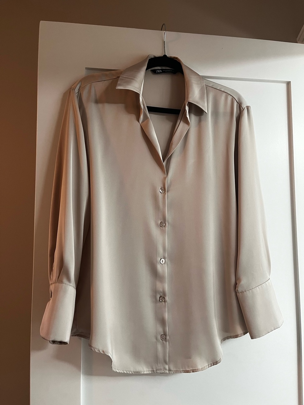Zara Champagne Button-Down Satin Blouse